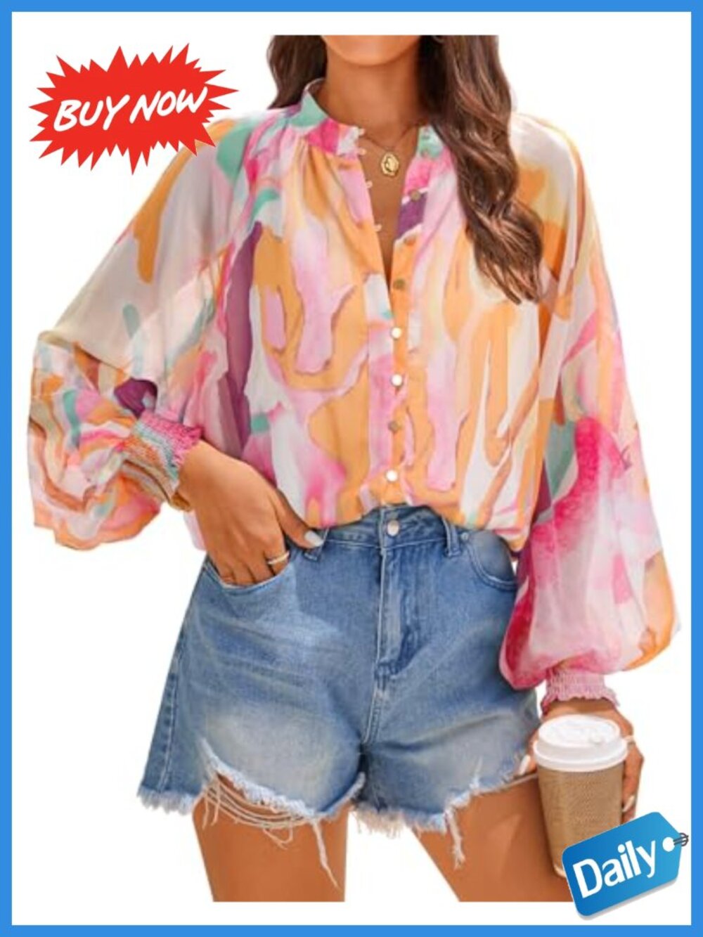 ZESICA Floral Print Button Down Boho Top Long Sleeve Smocked Cuff